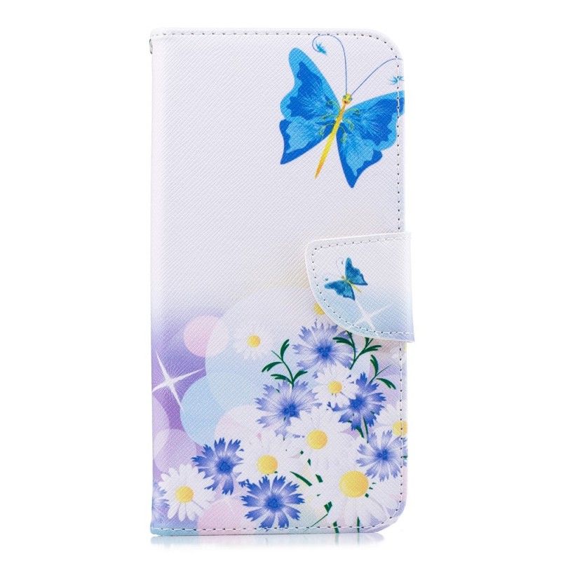 Flip Cover Læder Huawei Mate 20 Pro Magenta Malede Sommerfugle Og Blomster Beskyttelse