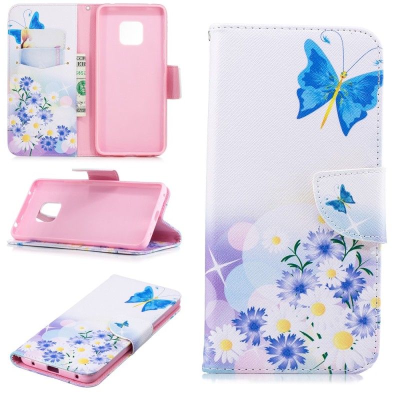 Flip Cover Læder Huawei Mate 20 Pro Magenta Malede Sommerfugle Og Blomster Beskyttelse