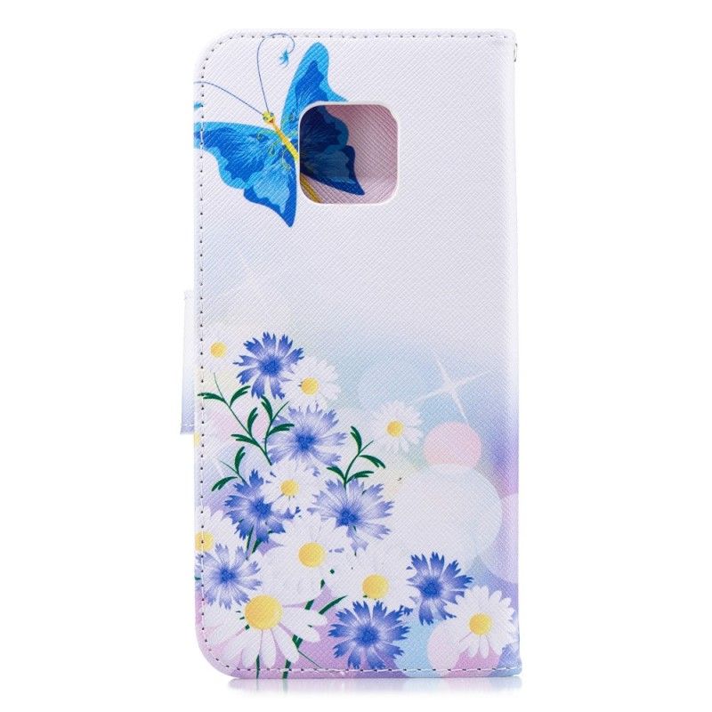 Flip Cover Læder Huawei Mate 20 Pro Magenta Malede Sommerfugle Og Blomster Beskyttelse