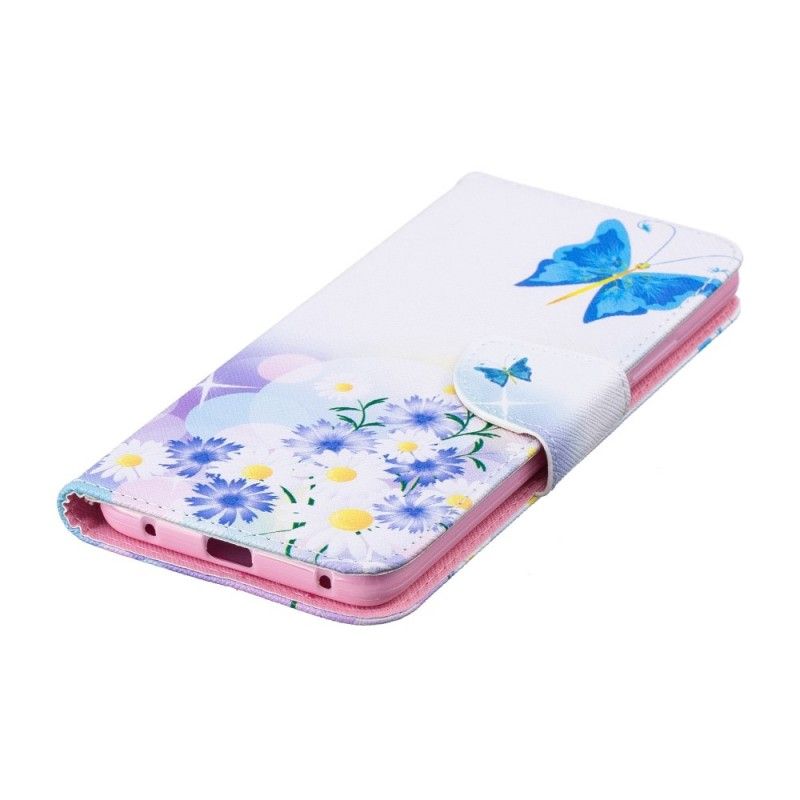 Flip Cover Læder Huawei Mate 20 Pro Magenta Malede Sommerfugle Og Blomster Beskyttelse