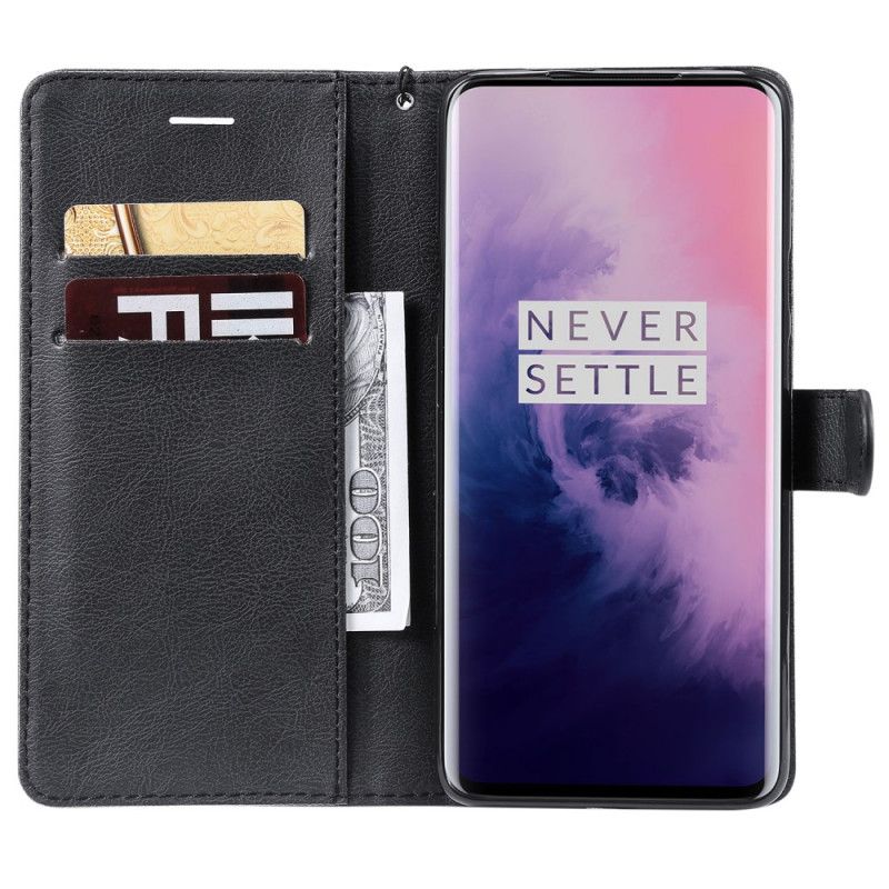 Flip Cover Læder OnePlus 7 Pro Sort Lædereffekt Med Rem