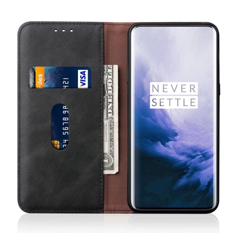 Læder Cover OnePlus 7 Pro Sort Syet Lædereffekt Original