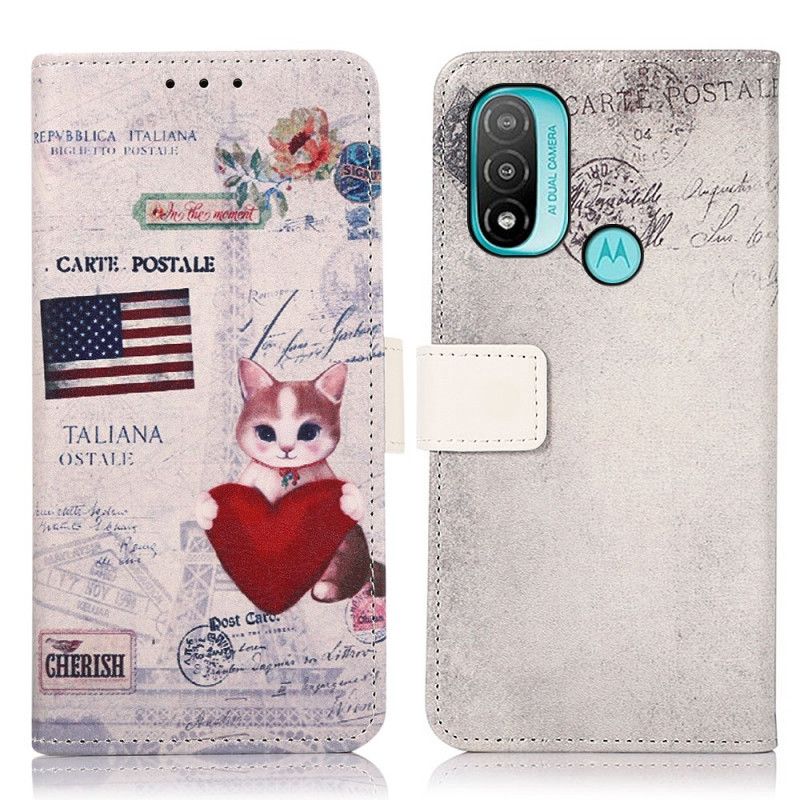 Læder Cover Moto E20 / E30 / E40 Telefon Etui Traveller Kat