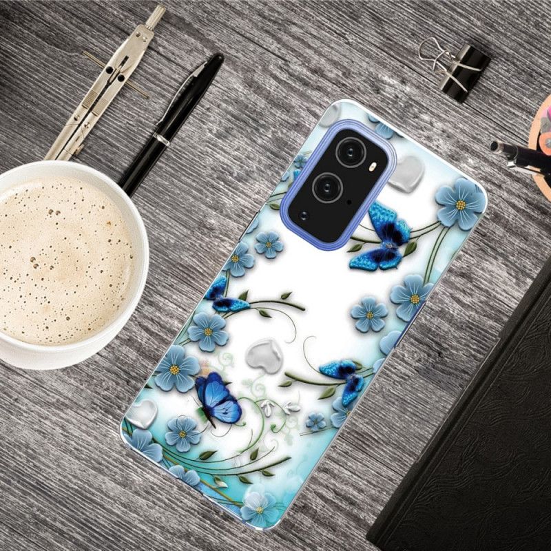 Cover for OnePlus 9 Pro Retro Sommerfugle Og Blomster