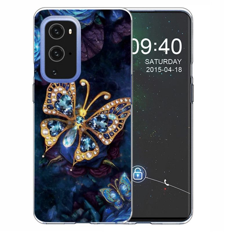 Cover OnePlus 9 Pro Mørkeblå Luksus Sommerfugl