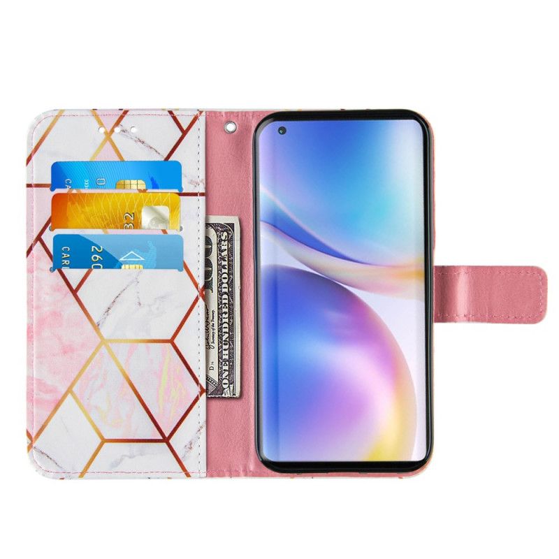 Flip Cover Læder for OnePlus 9 Pro Lyserød Geometrisk Marmor Med Rem