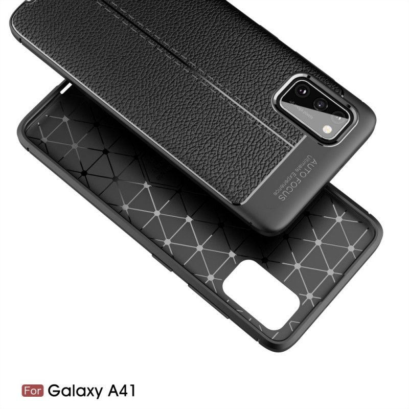 Cover for Samsung Galaxy A41 Sort Dobbeltlinjet Lychee-Lædereffekt