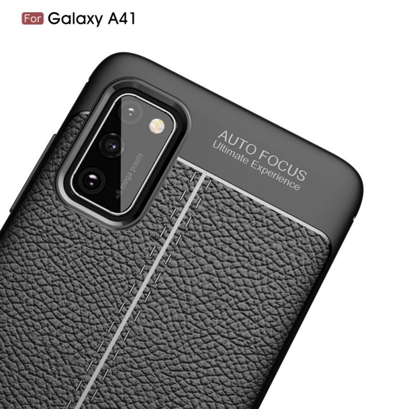 Cover for Samsung Galaxy A41 Sort Dobbeltlinjet Lychee-Lædereffekt