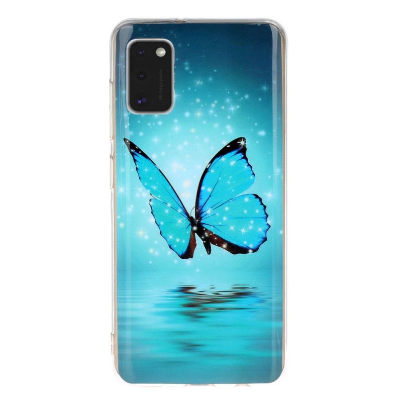 Cover Samsung Galaxy A41 Mobilcover Fluorescerende Blå Sommerfugl