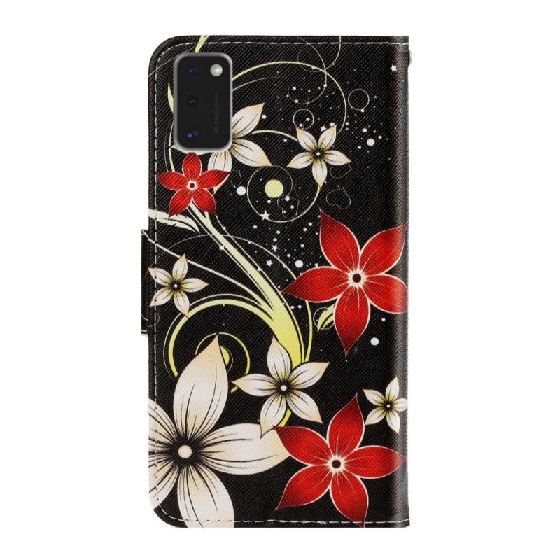 Flip Cover Læder for Samsung Galaxy A41 Sort Farverige Blomster Med En Rem