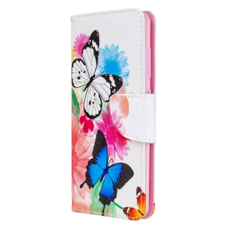 Flip Cover Læder Samsung Galaxy A41 Magenta Malede Sommerfugle Og Blomster