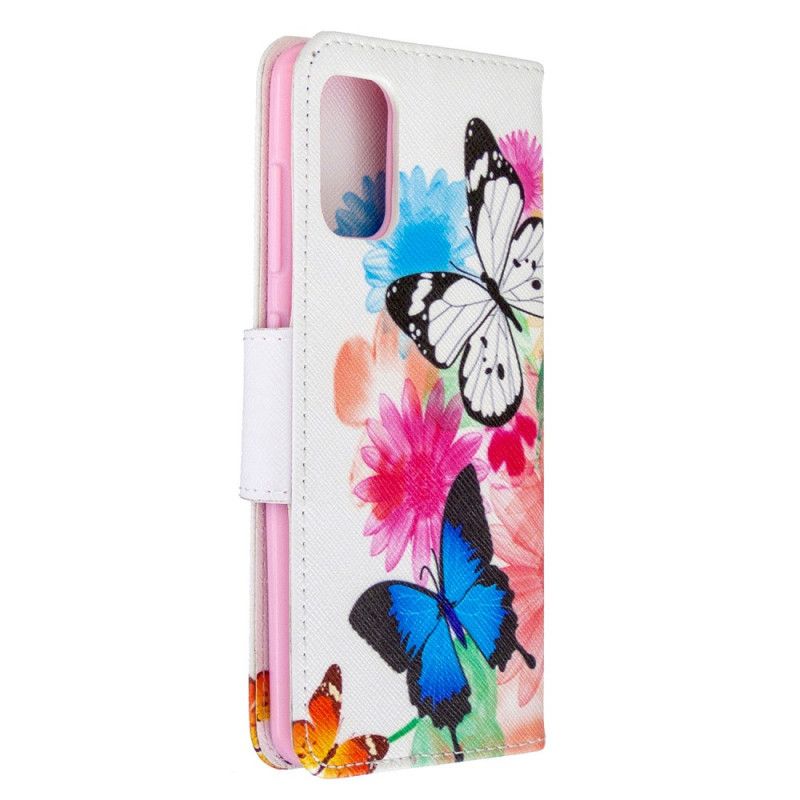 Flip Cover Læder Samsung Galaxy A41 Magenta Malede Sommerfugle Og Blomster