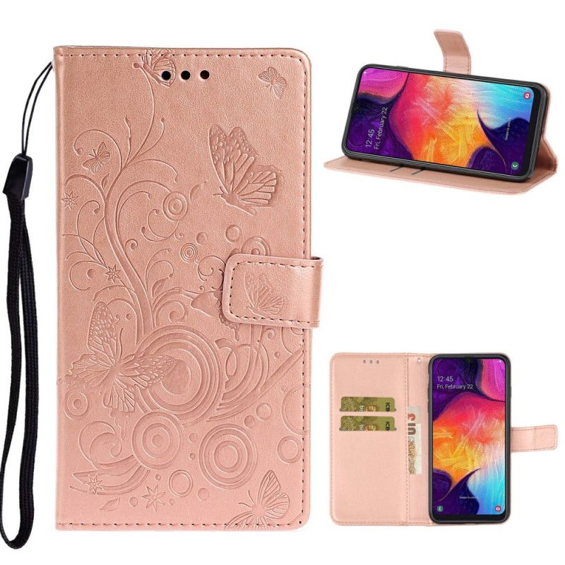 Flip Cover Læder Samsung Galaxy A41 Magenta Retro Sommerfugle Og Blomster