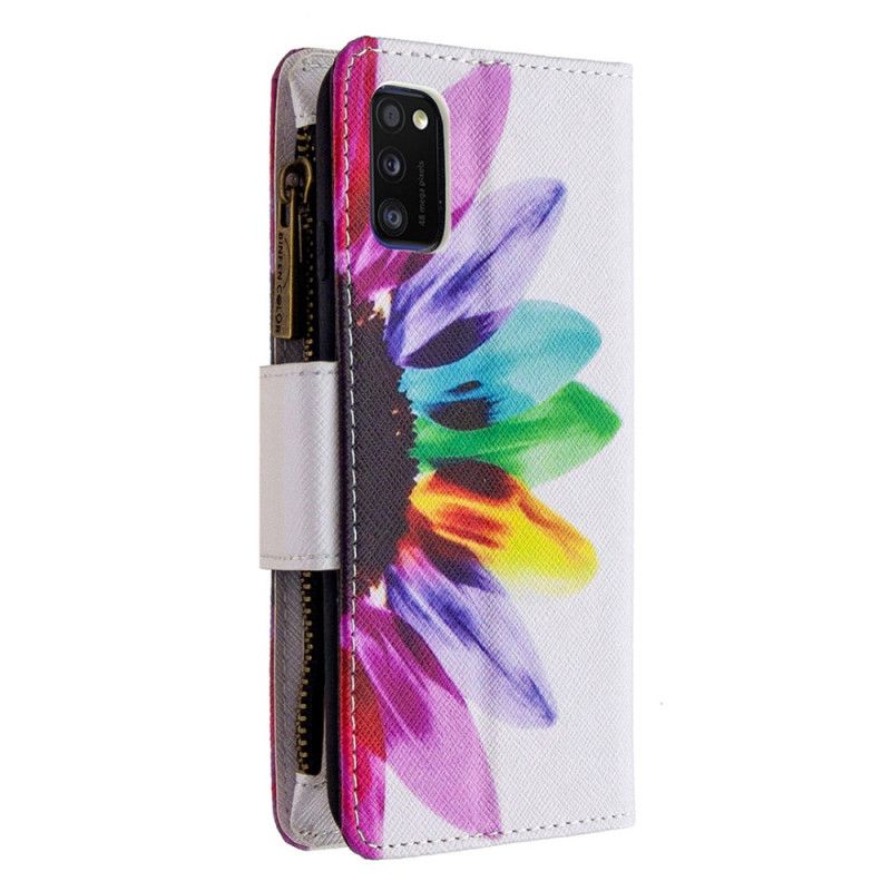 Flip Cover Læder Samsung Galaxy A41 Sort Lomme Med Lynlås Med Blomster Beskyttelse