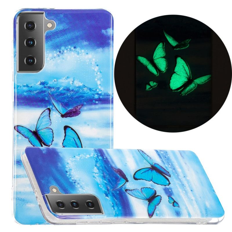 Cover for Samsung Galaxy S21 5G Mørkeblå Fluorescerende Sommerfugleserie