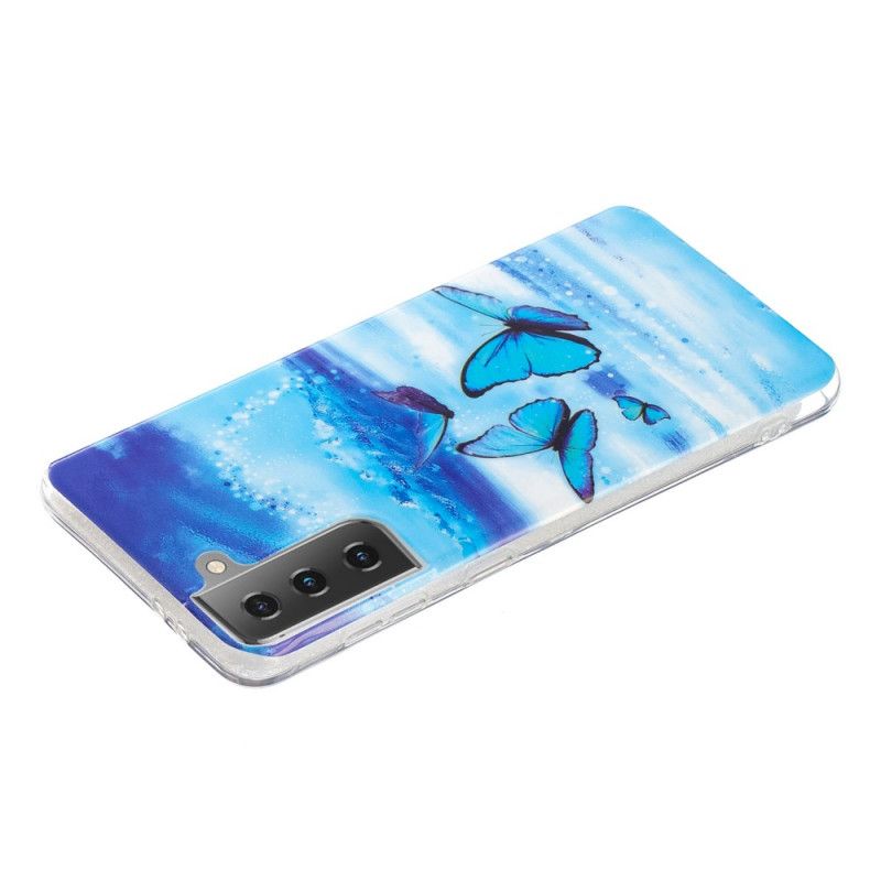 Cover for Samsung Galaxy S21 5G Mørkeblå Fluorescerende Sommerfugleserie