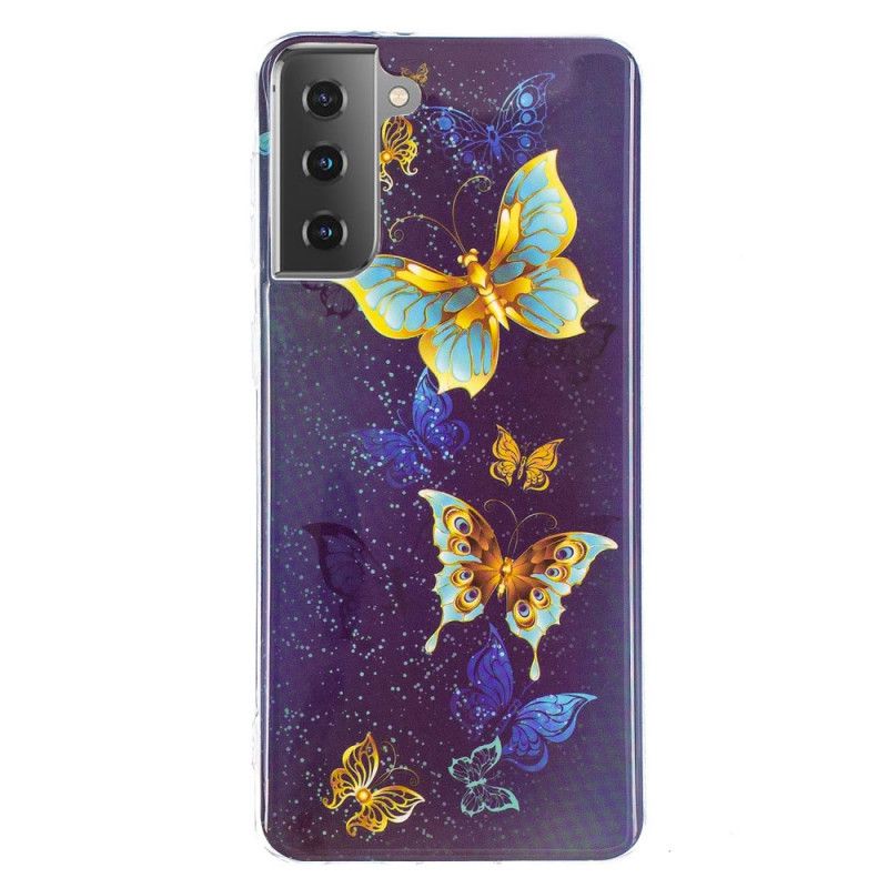 Cover for Samsung Galaxy S21 5G Mørkeblå Fluorescerende Sommerfugleserie