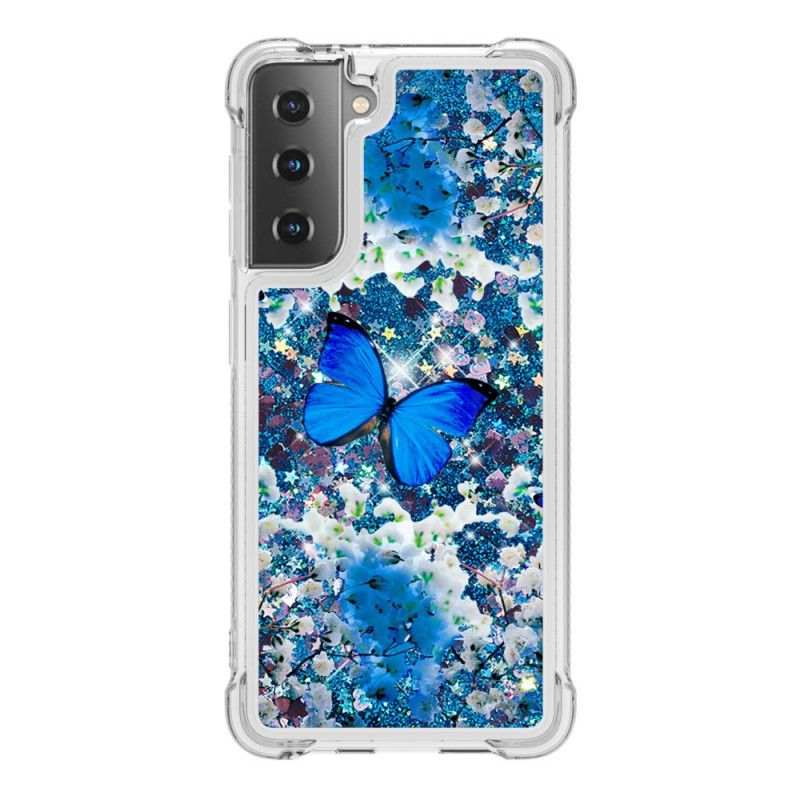 Cover Samsung Galaxy S21 5G Mobilcover Blå Glitter Sommerfugle