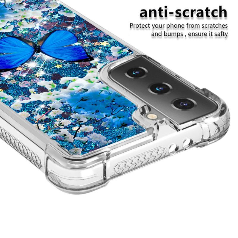 Cover Samsung Galaxy S21 5G Mobilcover Blå Glitter Sommerfugle