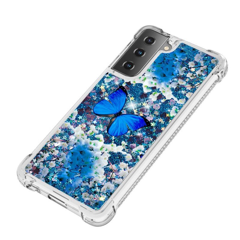 Cover Samsung Galaxy S21 5G Mobilcover Blå Glitter Sommerfugle