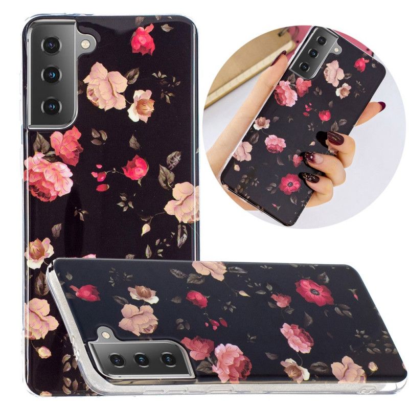 Cover Samsung Galaxy S21 5G Sort Fluorescerende Blomsterserie