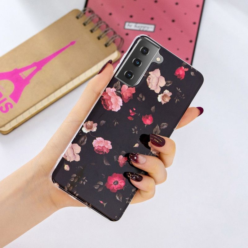 Cover Samsung Galaxy S21 5G Sort Fluorescerende Blomsterserie