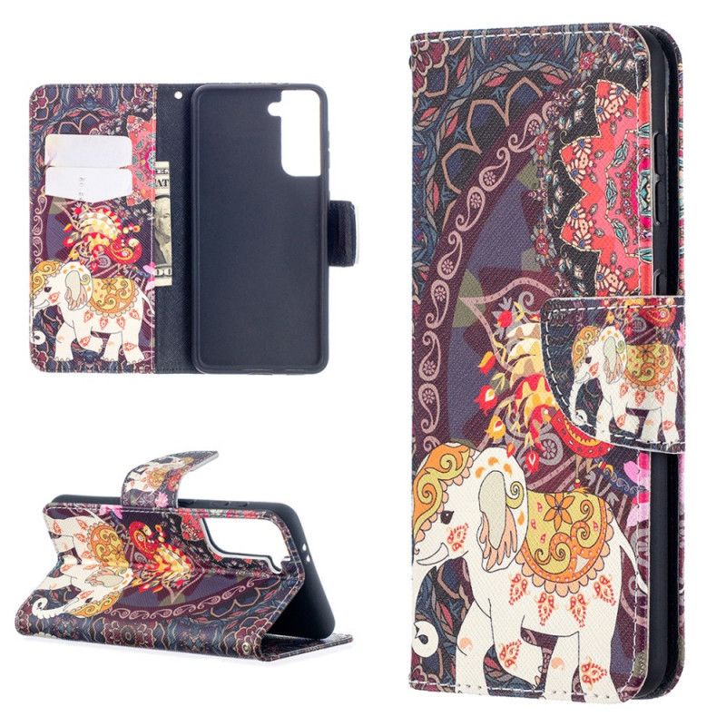 Flip Cover Læder for Samsung Galaxy S21 5G Etnisk Elefantmandala