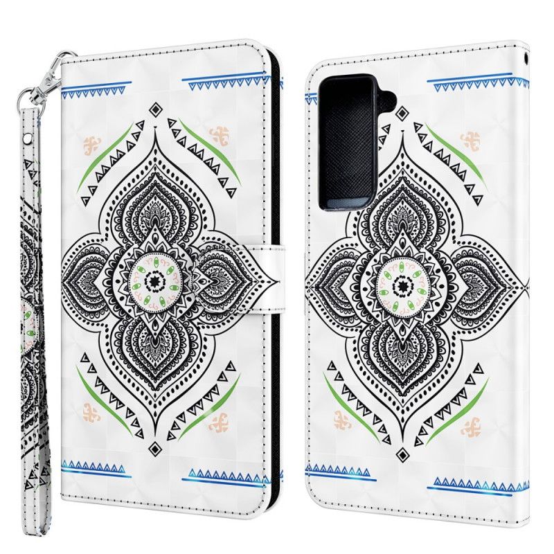 Flip Cover Læder for Samsung Galaxy S21 5G Hvid Lys Pletter Mandala Med Rem