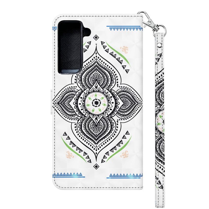 Flip Cover Læder for Samsung Galaxy S21 5G Hvid Lys Pletter Mandala Med Rem