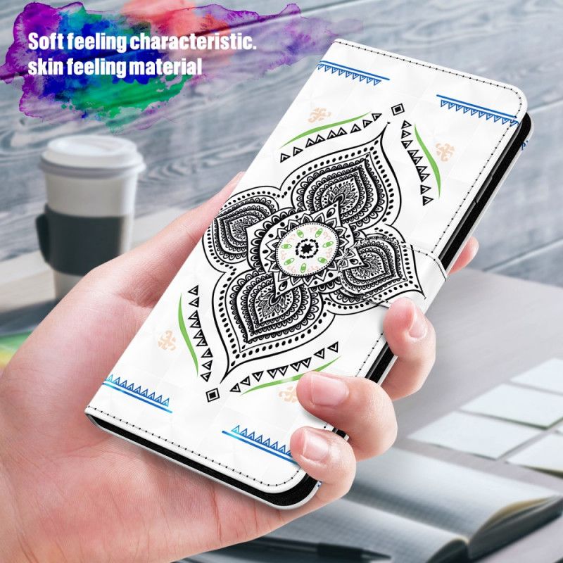 Flip Cover Læder for Samsung Galaxy S21 5G Hvid Lys Pletter Mandala Med Rem