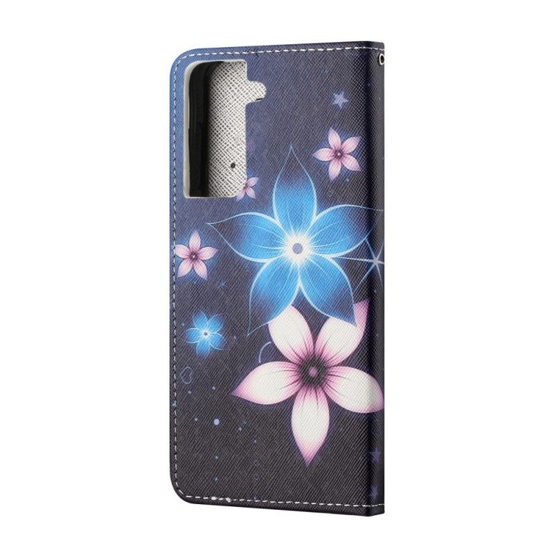 Flip Cover Læder for Samsung Galaxy S21 5G Måneblomster Med Rem