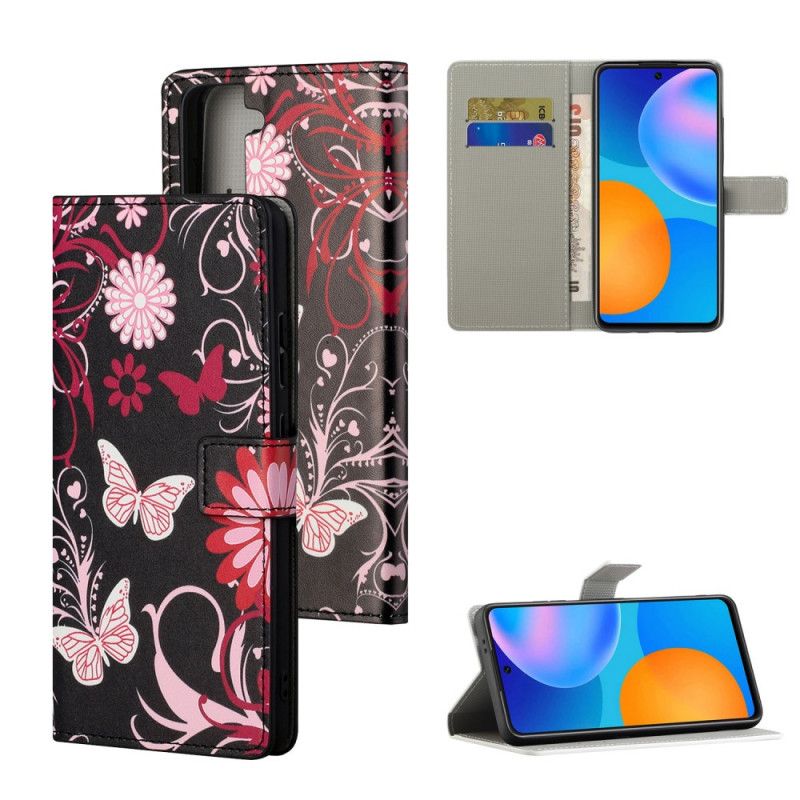 Flip Cover Læder for Samsung Galaxy S21 5G Sort Sommerfugle Og Blomster