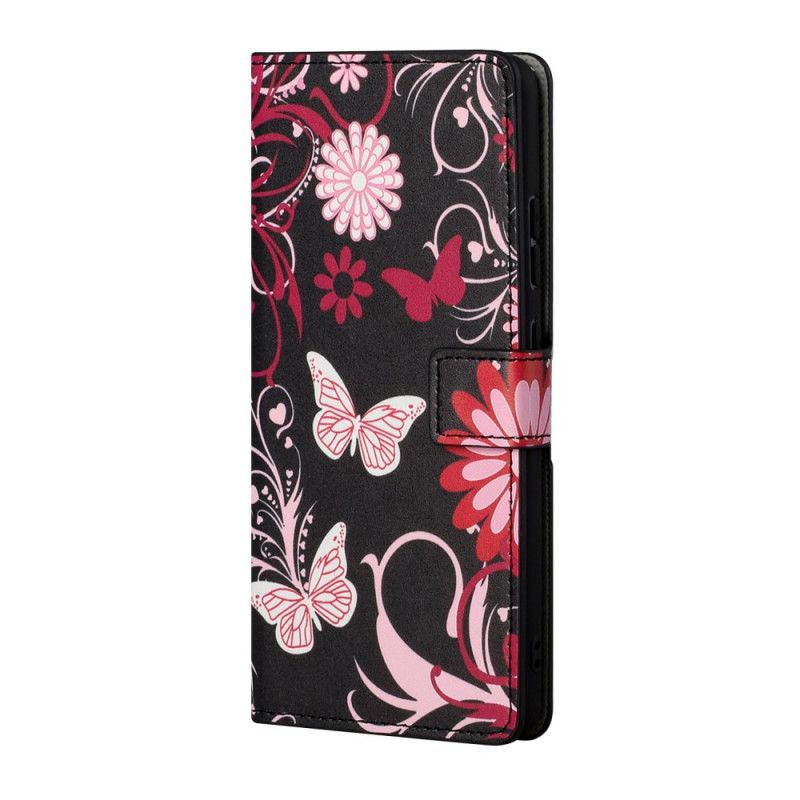 Flip Cover Læder for Samsung Galaxy S21 5G Sort Sommerfugle Og Blomster