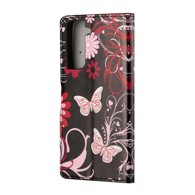 Flip Cover Læder for Samsung Galaxy S21 5G Sort Sommerfugle Og Blomster