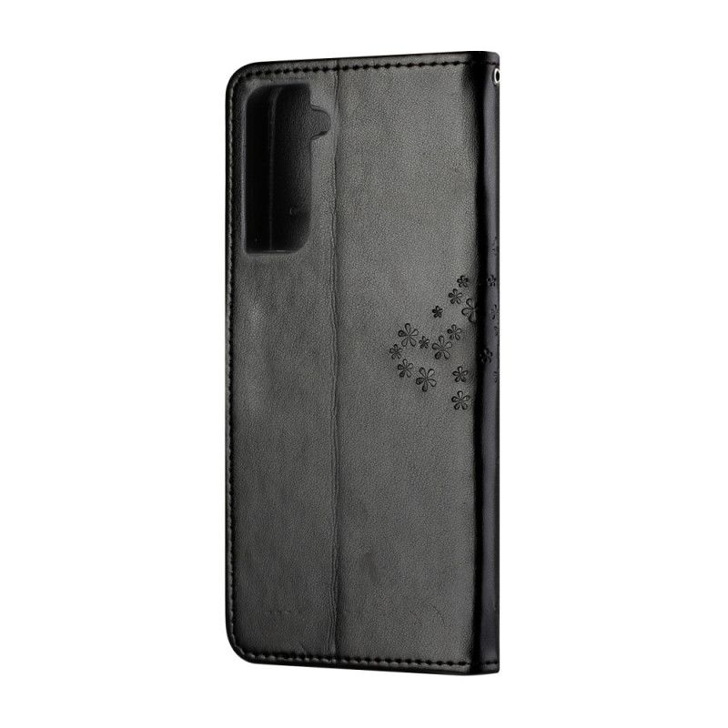 Flip Cover Læder for Samsung Galaxy S21 5G Sort Træ- Og Rem-Ugler