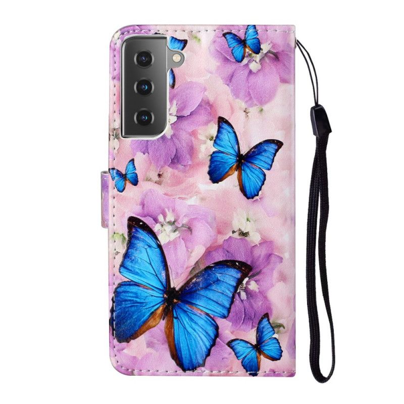 Flip Cover Læder Samsung Galaxy S21 5G Blomster Sommerfugle Original