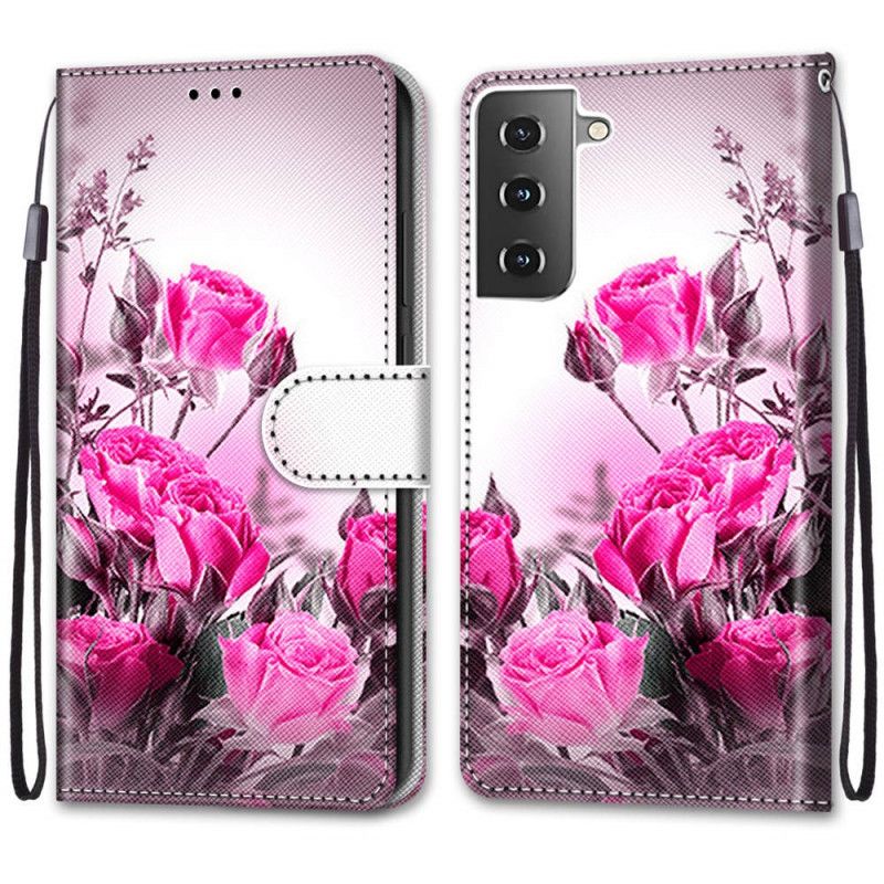 Flip Cover Læder Samsung Galaxy S21 5G Magenta Magiske Blomster Original