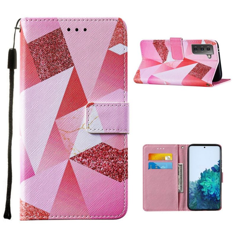 Flip Cover Læder Samsung Galaxy S21 5G Magenta Trekanter Og Glitter