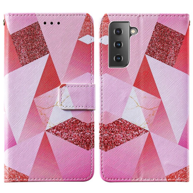 Flip Cover Læder Samsung Galaxy S21 5G Magenta Trekanter Og Glitter