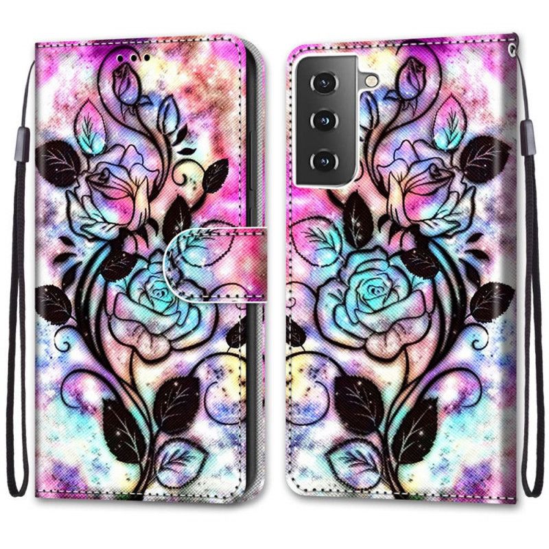 Flip Cover Læder Samsung Galaxy S21 5G Neonblomster Beskyttelse