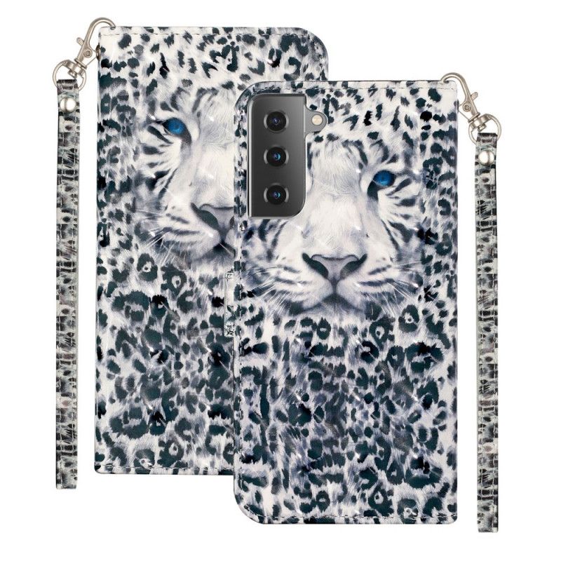 Flip Cover Læder Samsung Galaxy S21 5G Sort Tigerlys Pletter Med Rem Beskyttelse