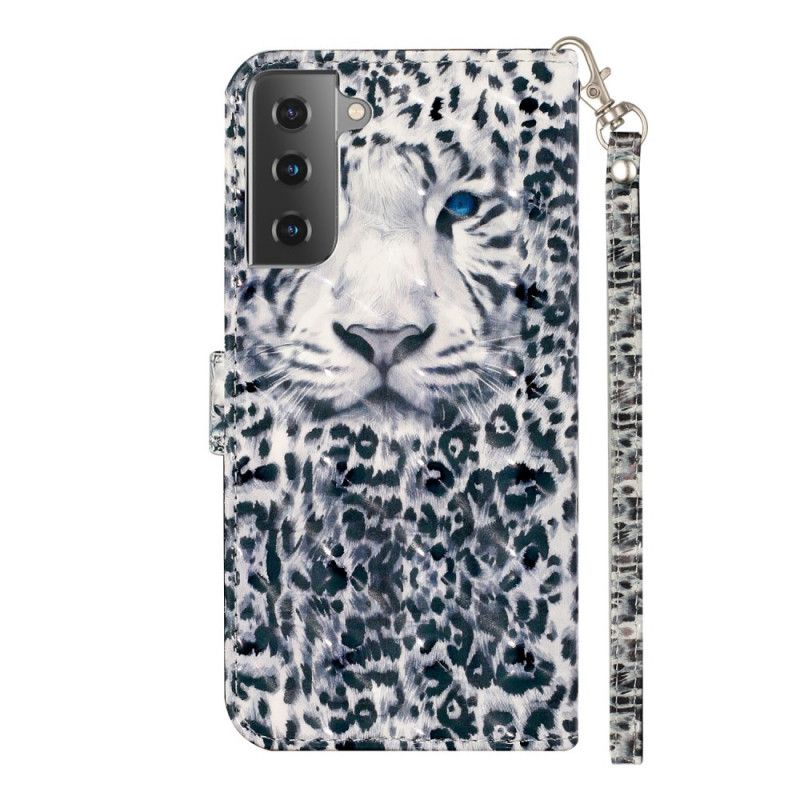 Flip Cover Læder Samsung Galaxy S21 5G Sort Tigerlys Pletter Med Rem Beskyttelse