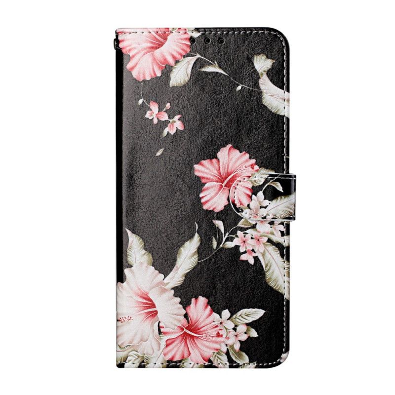 Flip Cover Læder Samsung Galaxy S21 5G Sort Vilde Blomster Original