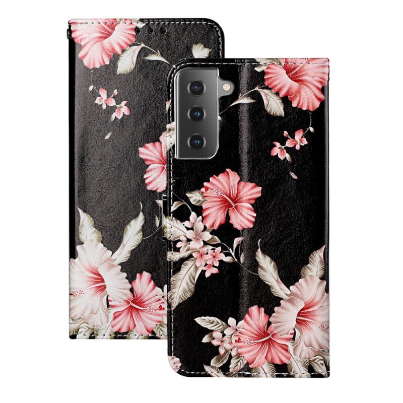 Flip Cover Læder Samsung Galaxy S21 5G Sort Vilde Blomster Original