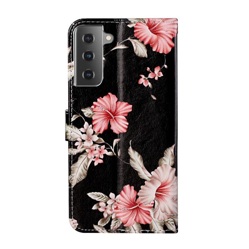 Flip Cover Læder Samsung Galaxy S21 5G Sort Vilde Blomster Original