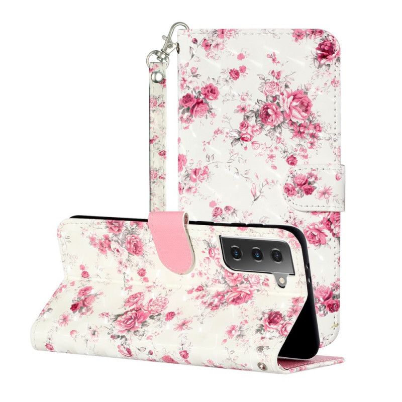 Flip Cover Samsung Galaxy S21 5G Blomster Lyse Pletter Med Rem