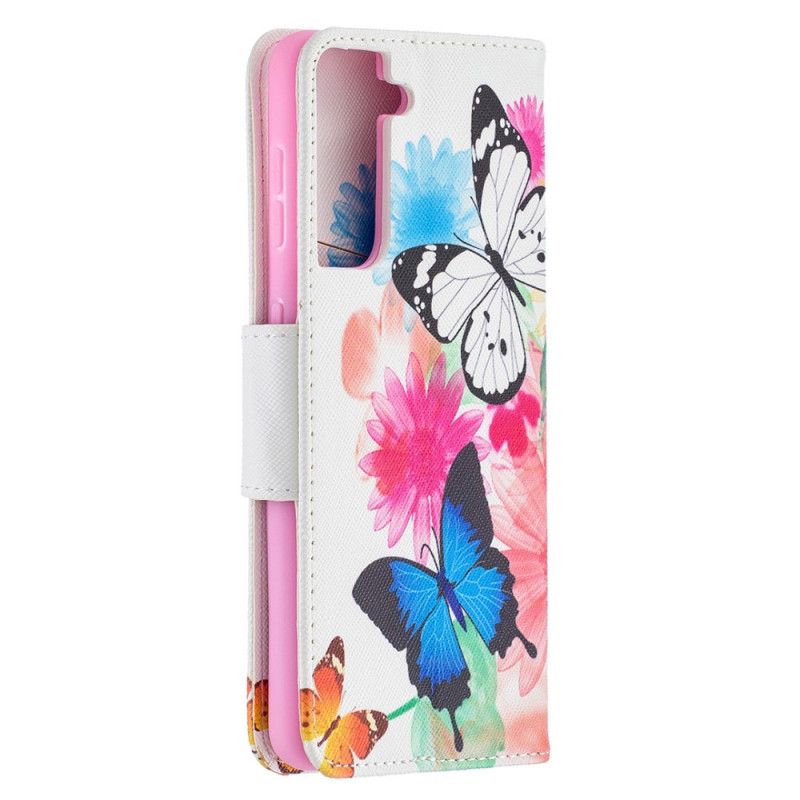 Flip Cover Samsung Galaxy S21 5G Magenta Malede Sommerfugle Og Blomster