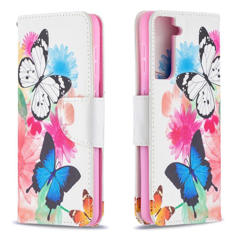 Flip Cover Samsung Galaxy S21 5G Magenta Malede Sommerfugle Og Blomster