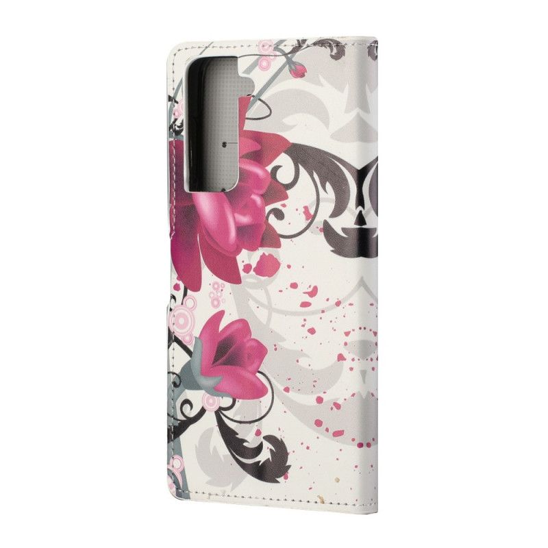 Flip Cover Samsung Galaxy S21 5G Magenta Tropiske Blomster