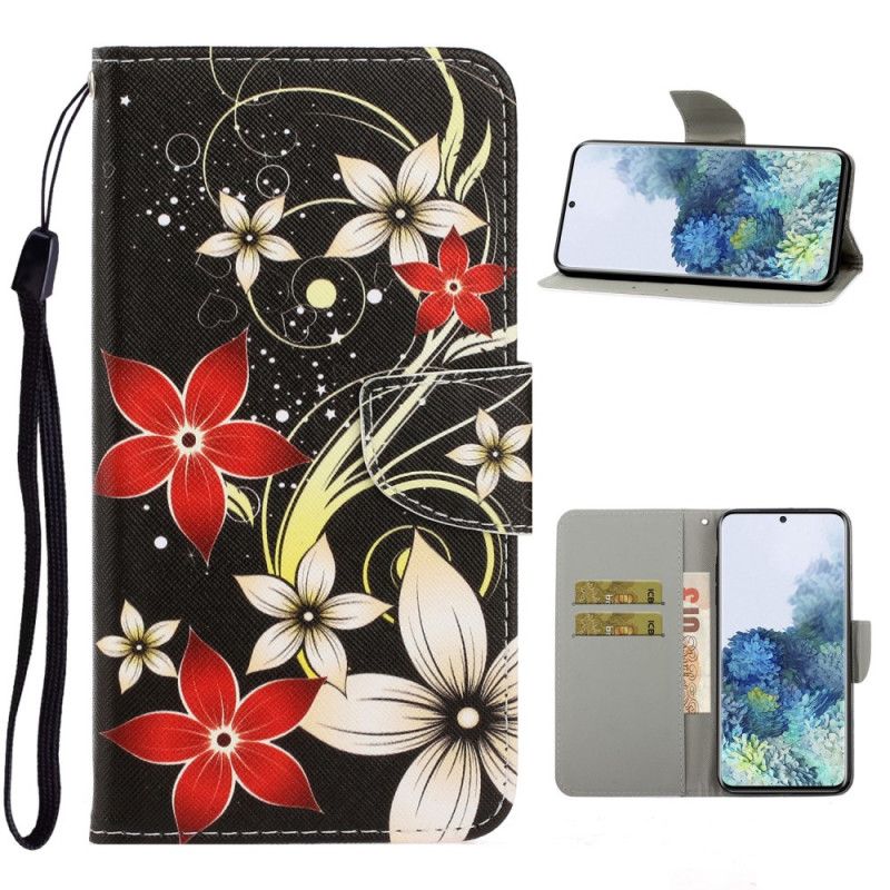 Flip Cover Samsung Galaxy S21 5G Sort Farverige Blomster Med En Rem